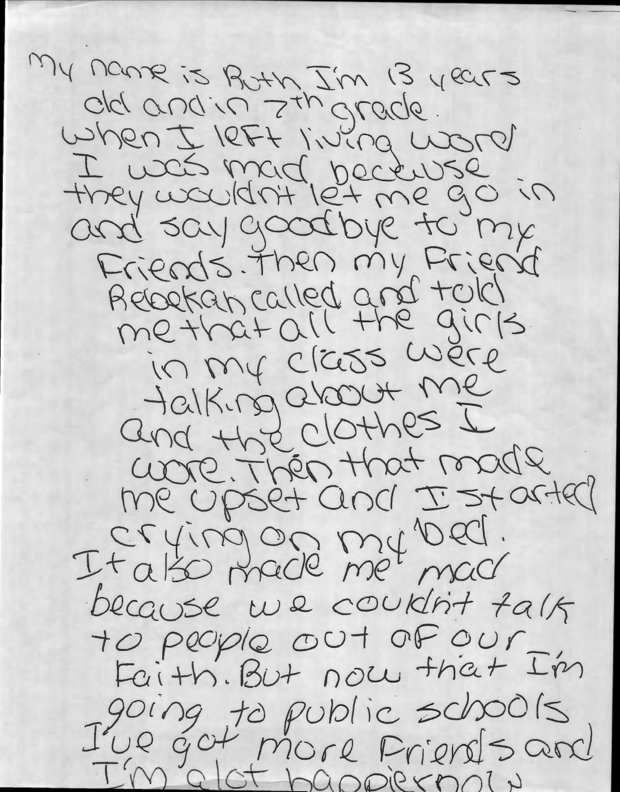 Original handwritten note in which thirteen-year-old Ruth describes leaving Living Word and making new friends.