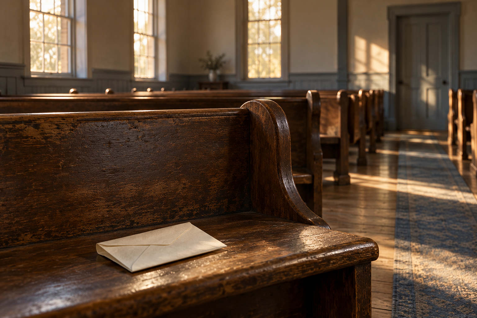 An unopened letter rests on a wooden pew in an empty church room, a symbolic image for reflection on silence and accountability.