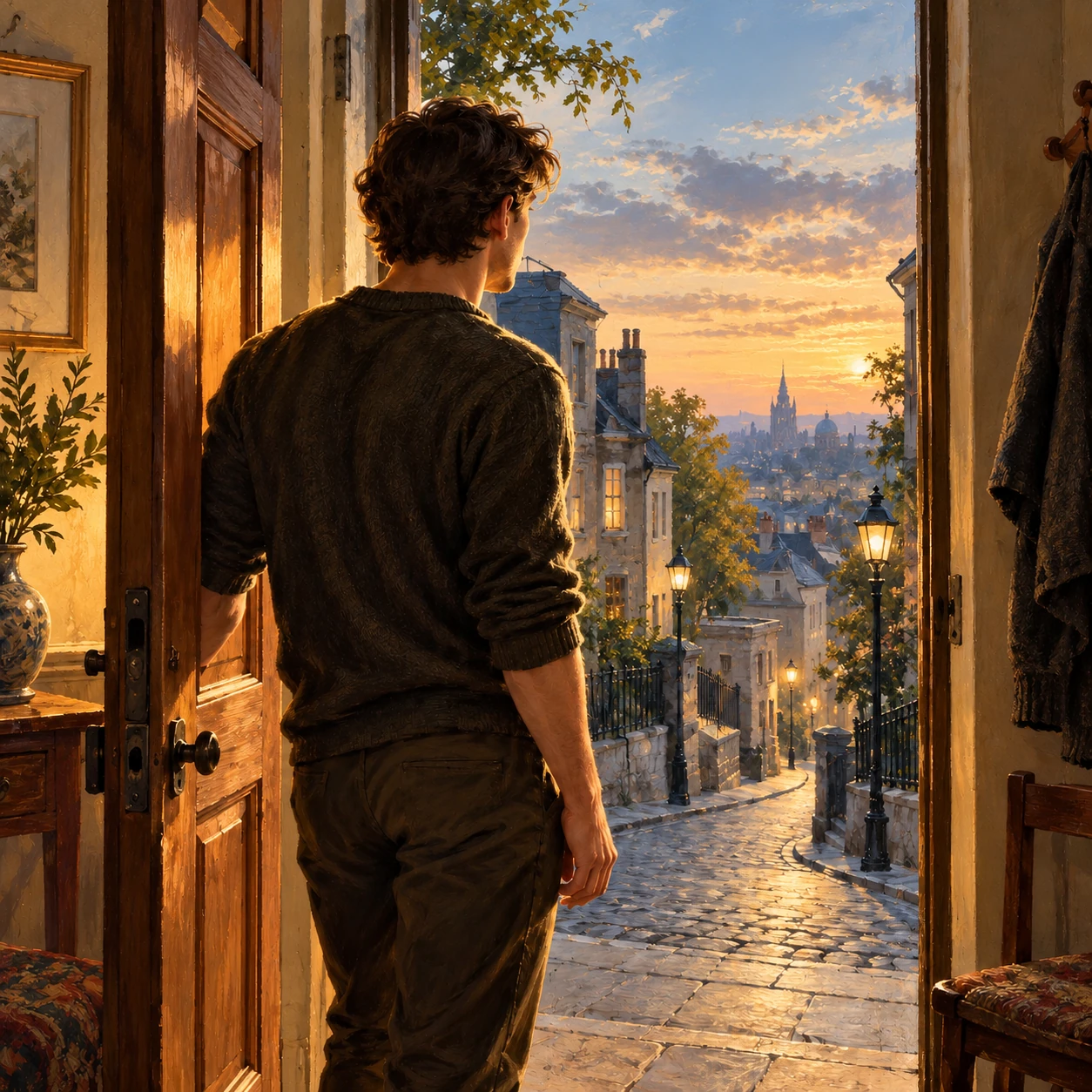 A young man stands at an open wooden doorway, looking across a quiet old-town street in warm evening light.