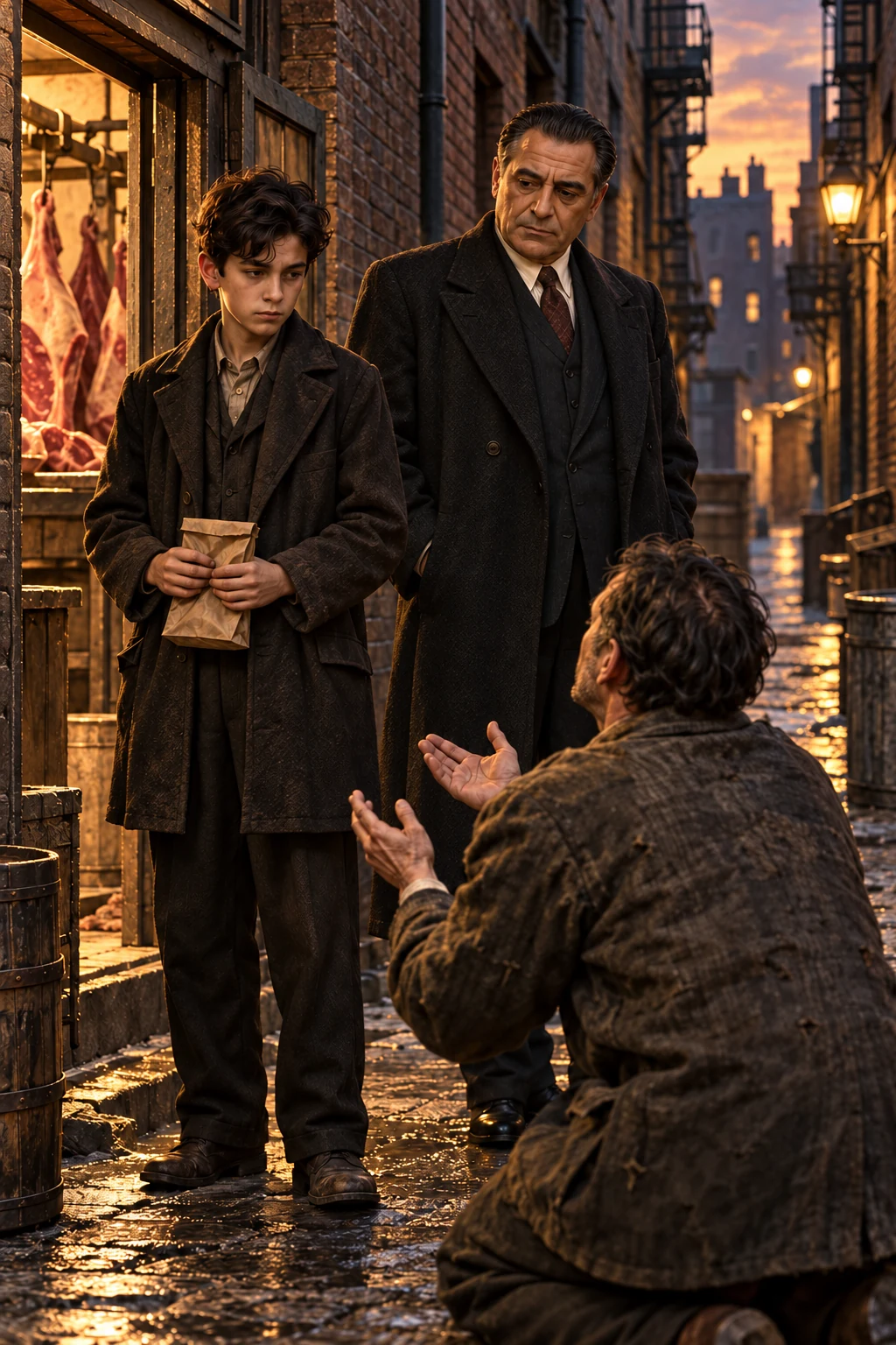 A watchful boy holds a paper bag beside Salvatore while a man kneels in a lamplit alley.